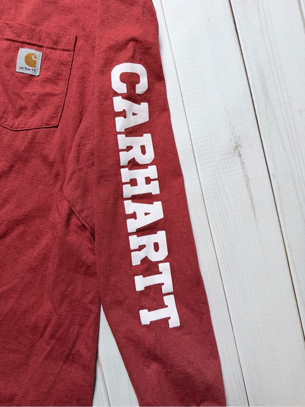Carhartt Long Sleeve Pocket Tee in Brick Red with White Sleeve Logo - Picture 3 of 6